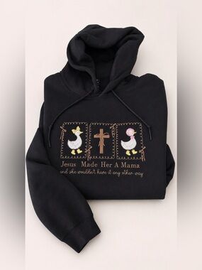 Embroidered Black Religious Graphic Hoodie - "Jesus Made Her A Mama"